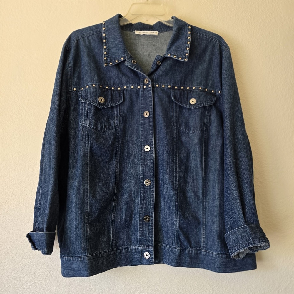 Josephine Chaus Women's Plus Sz Denim Jean Jacket Studded Rodeo 100% Cotton Fall - Picture 1 of 12